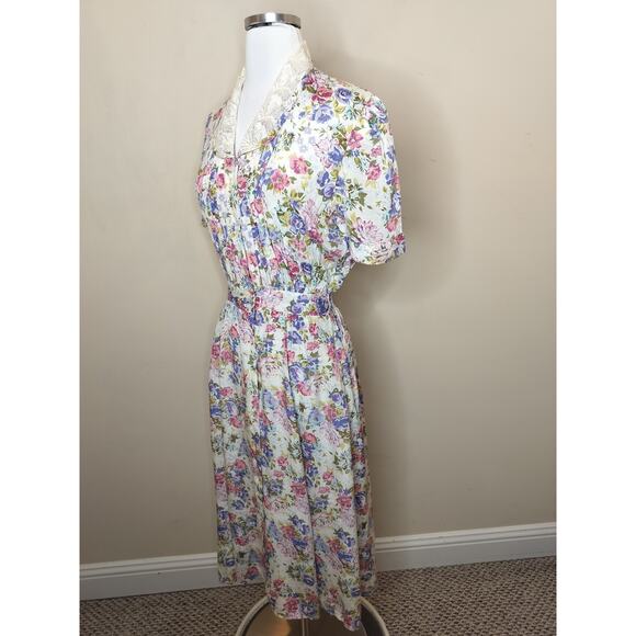 Vintage Karin Stevens Floral Button Up Midi Dress Lace Collar - Picture 11 of 15